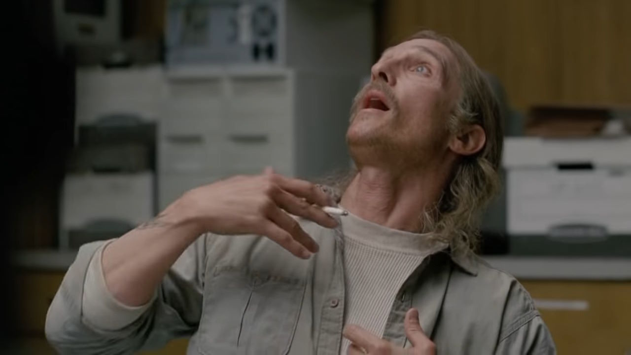 A screenshot from the first season of True Detective - Rust Cohle (Matthew McConaughey) pointing to himself.